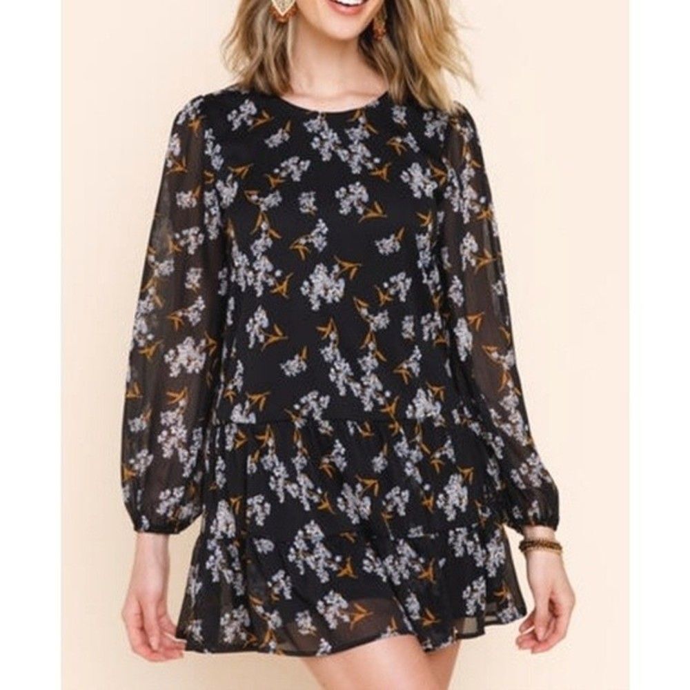 Trixxi Women's Long Sleeved Boho Black Floral Mini Dress